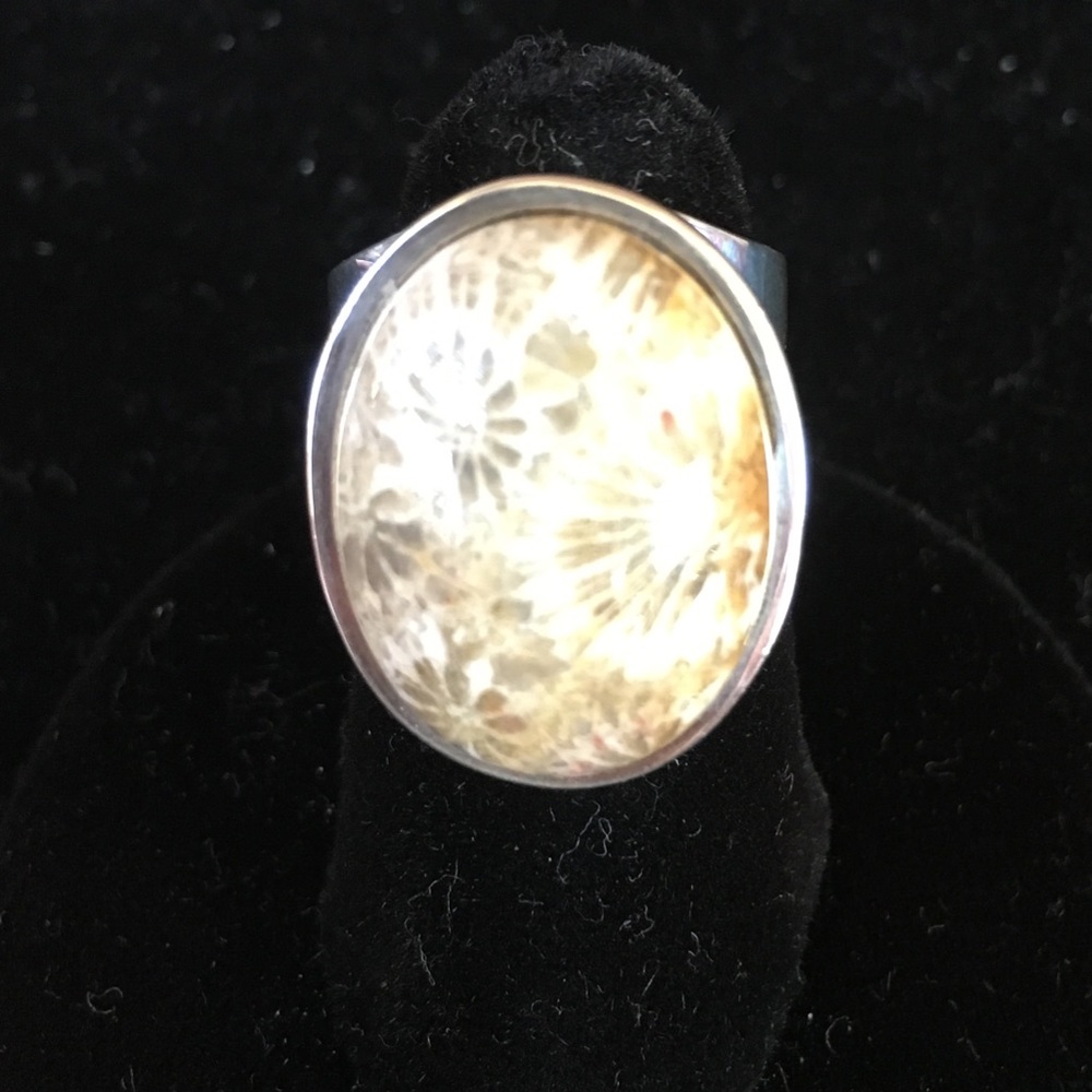 Fossilized coral sterling silver ring